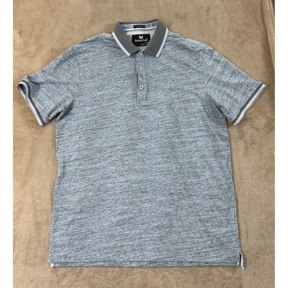 Buttercloth‎ Icy Cotton Polo Shirt  Mens Size L Gray Blue Space Dye Reg Fit S/S
